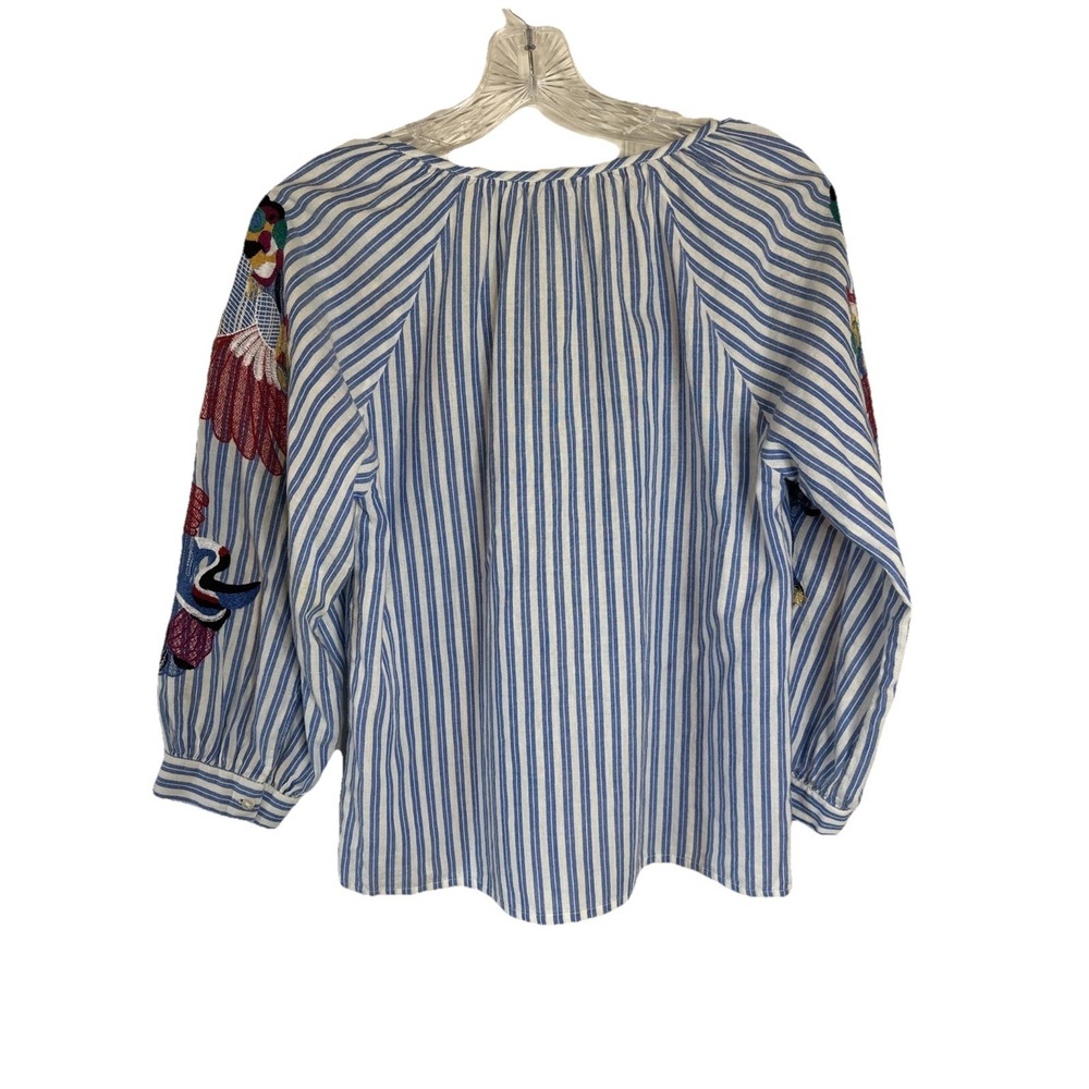 Anthropologie Seen Worn Kept Parrot Embroidered Sleeve Blouse Sz 4 Striped Boho - Picture 2 of 9
